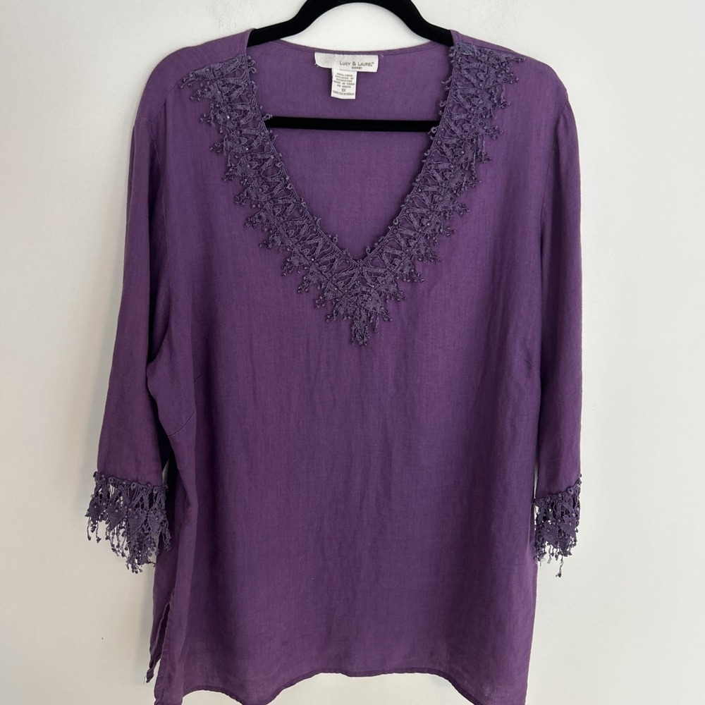 Lucy & Laurel 100% Linen Women's 1X Lace Beaded V-Neck Lace Sleeves Purple Top